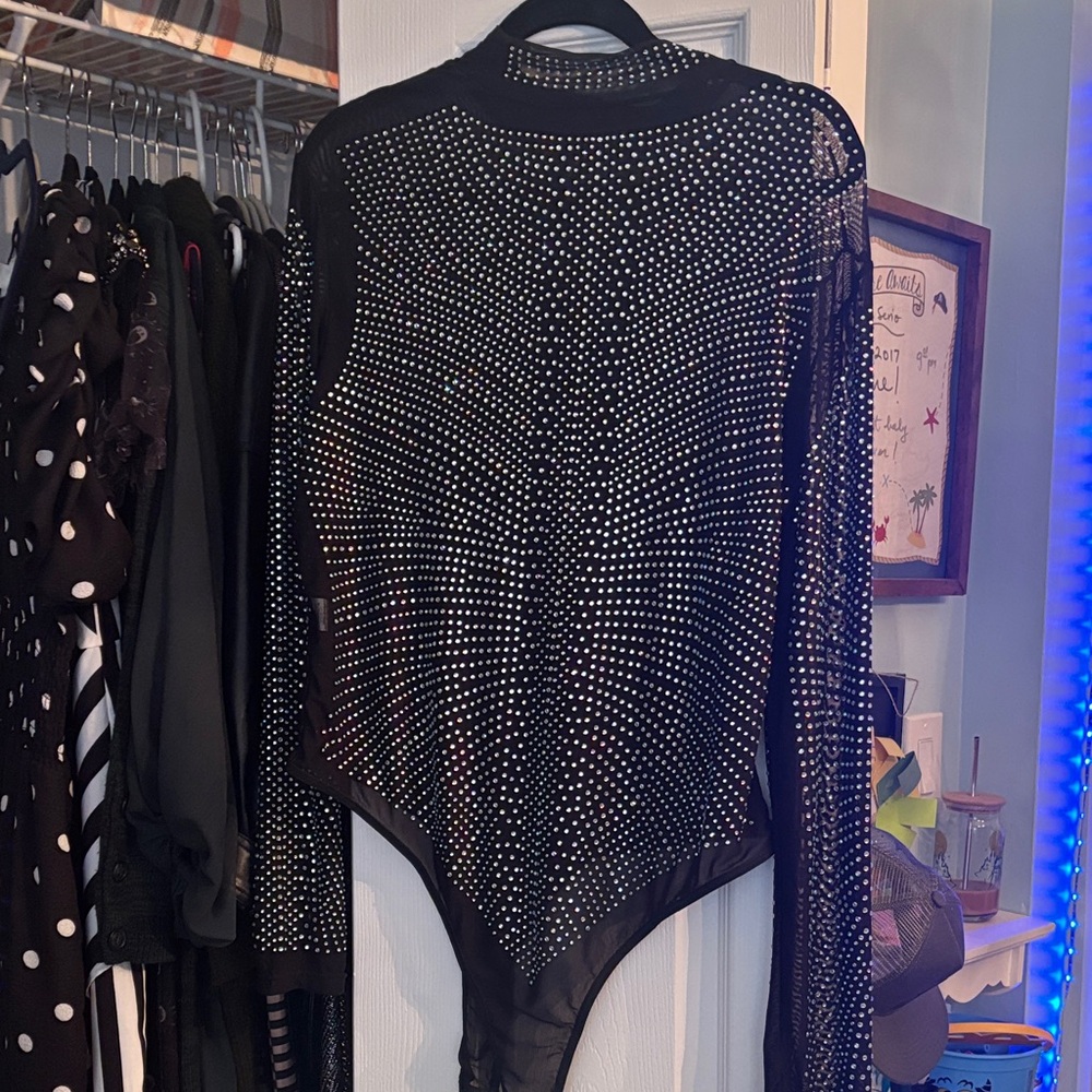 Express 2XL Black Sheer Rhinestone Bodysuit
